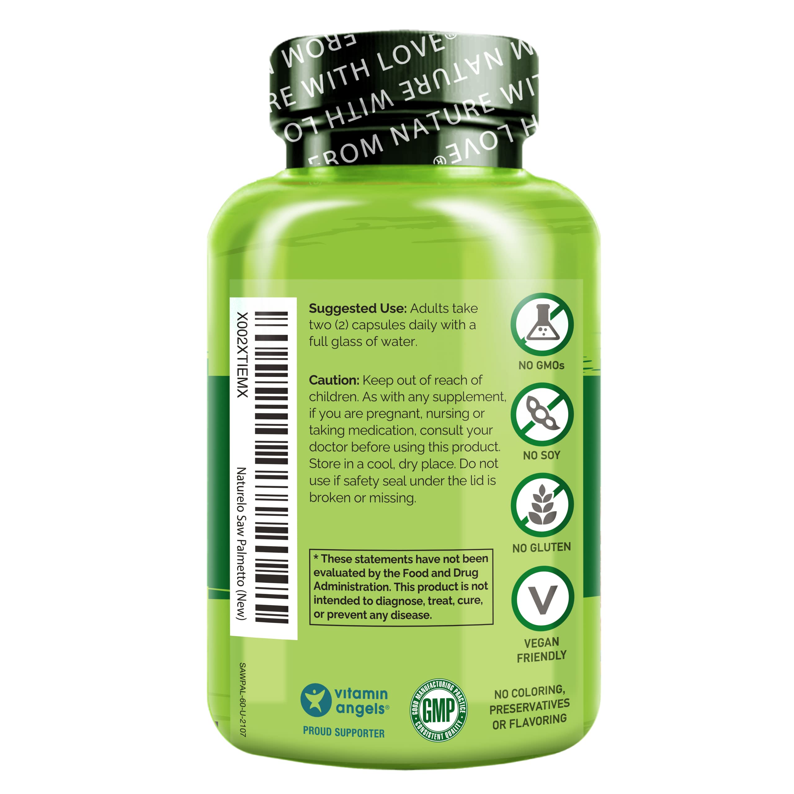 NATURELO Prostate supplement showing saw palmetto and pygeum bark ingredient callouts.