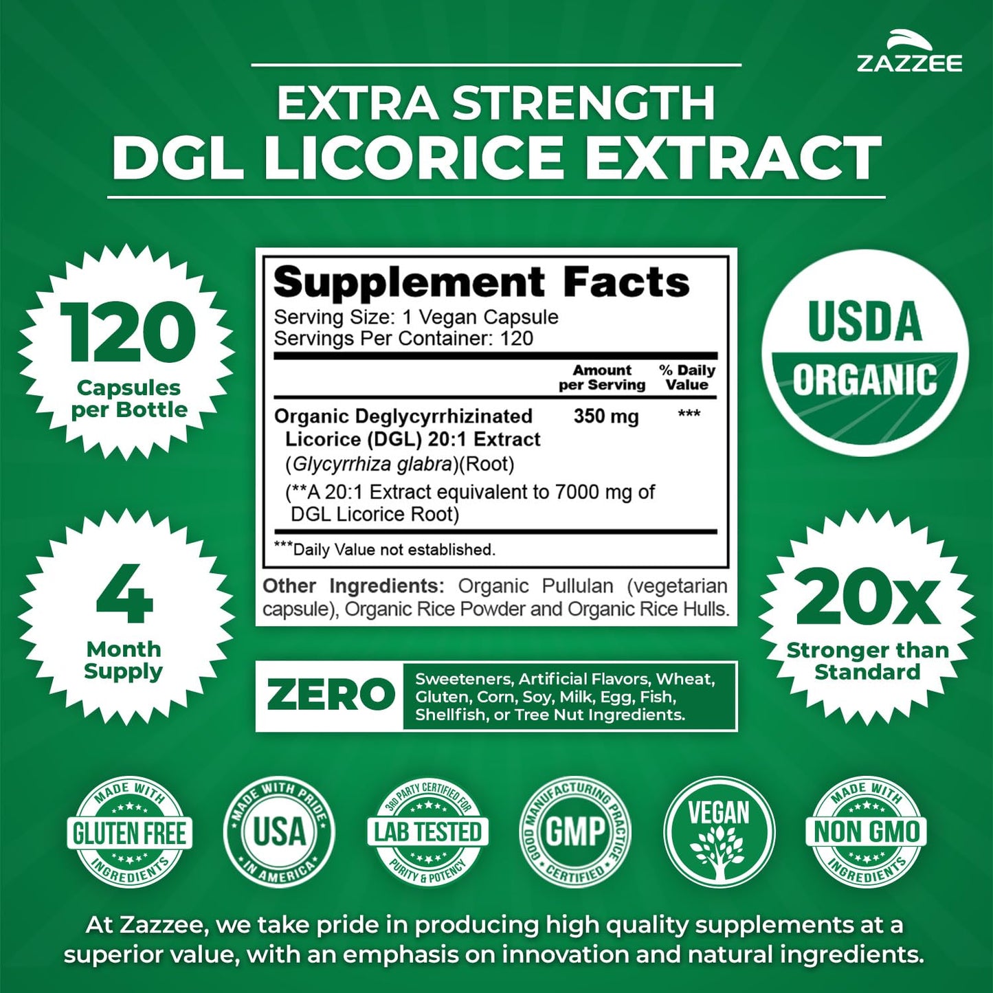 Back of Zazzee DGL Licorice bottle showing supplement facts