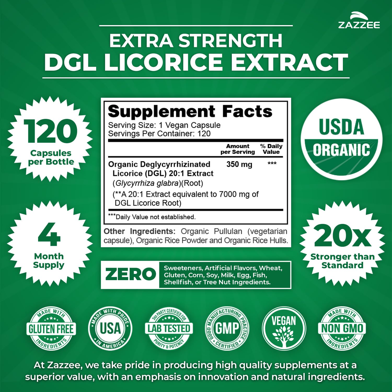 Back of Zazzee DGL Licorice bottle showing supplement facts