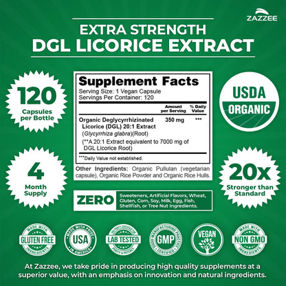 Back of Zazzee DGL Licorice bottle showing supplement facts