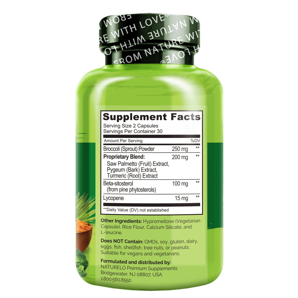 Side view of NATURELO Prostate support supplement bottle showing dietary certifications.