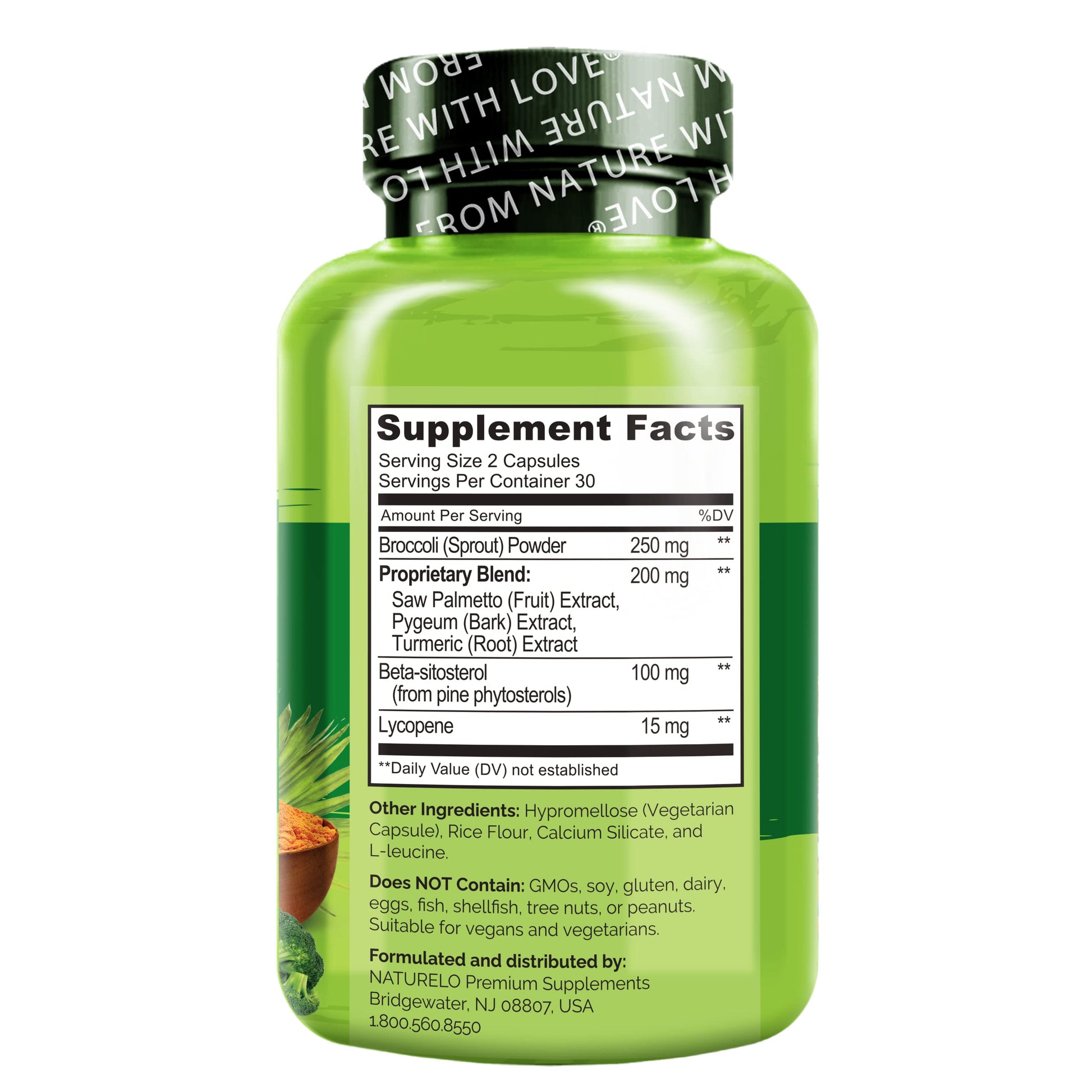 Side view of NATURELO Prostate support supplement bottle showing dietary certifications.