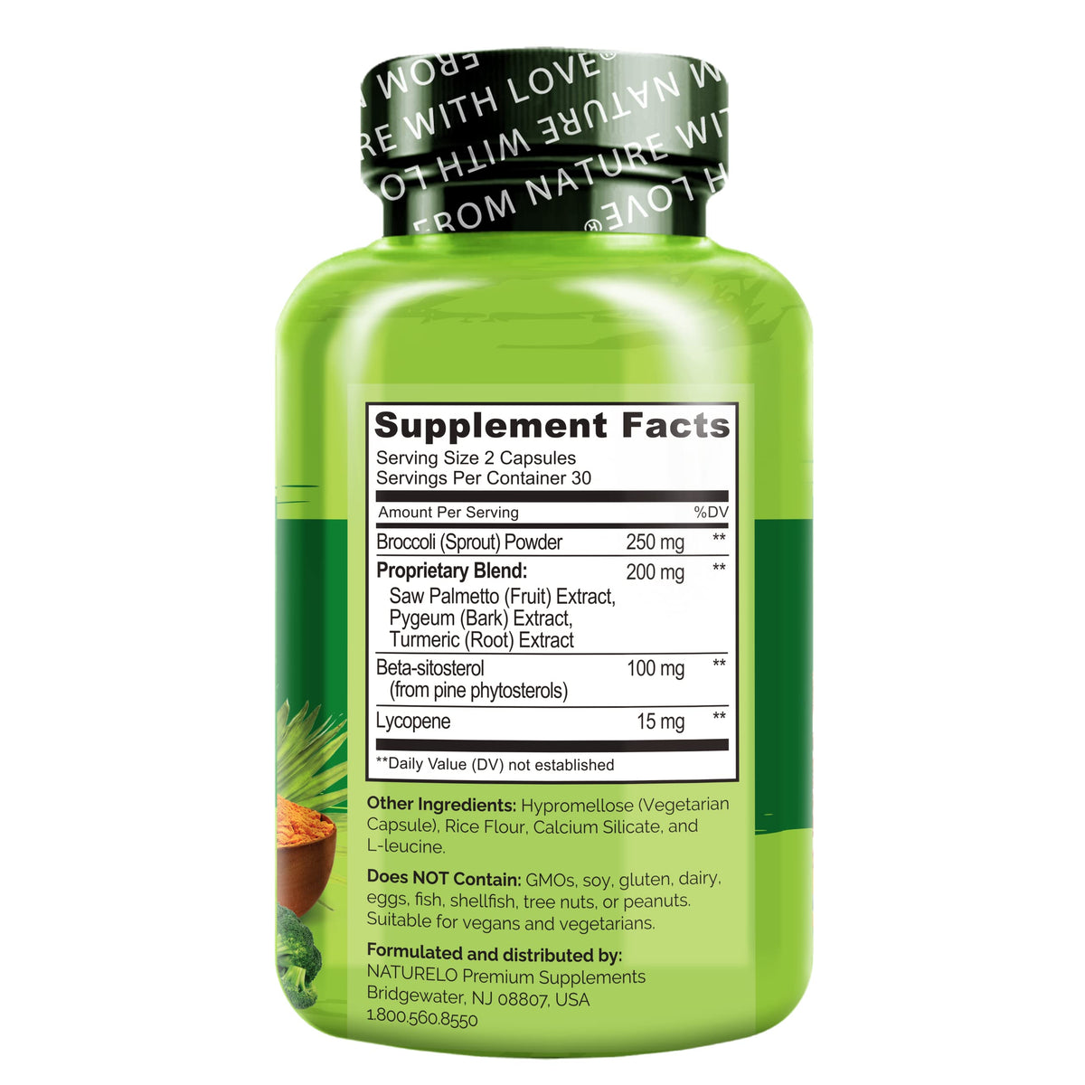 Side view of NATURELO Prostate support supplement bottle showing dietary certifications.