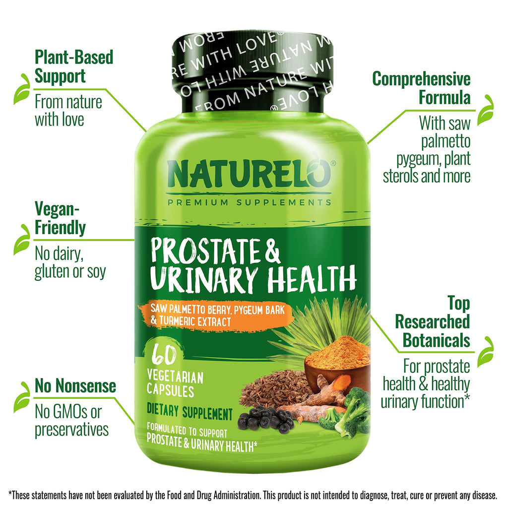 NATURELO Prostate and Urinary health supplement packaging details and capsule count.