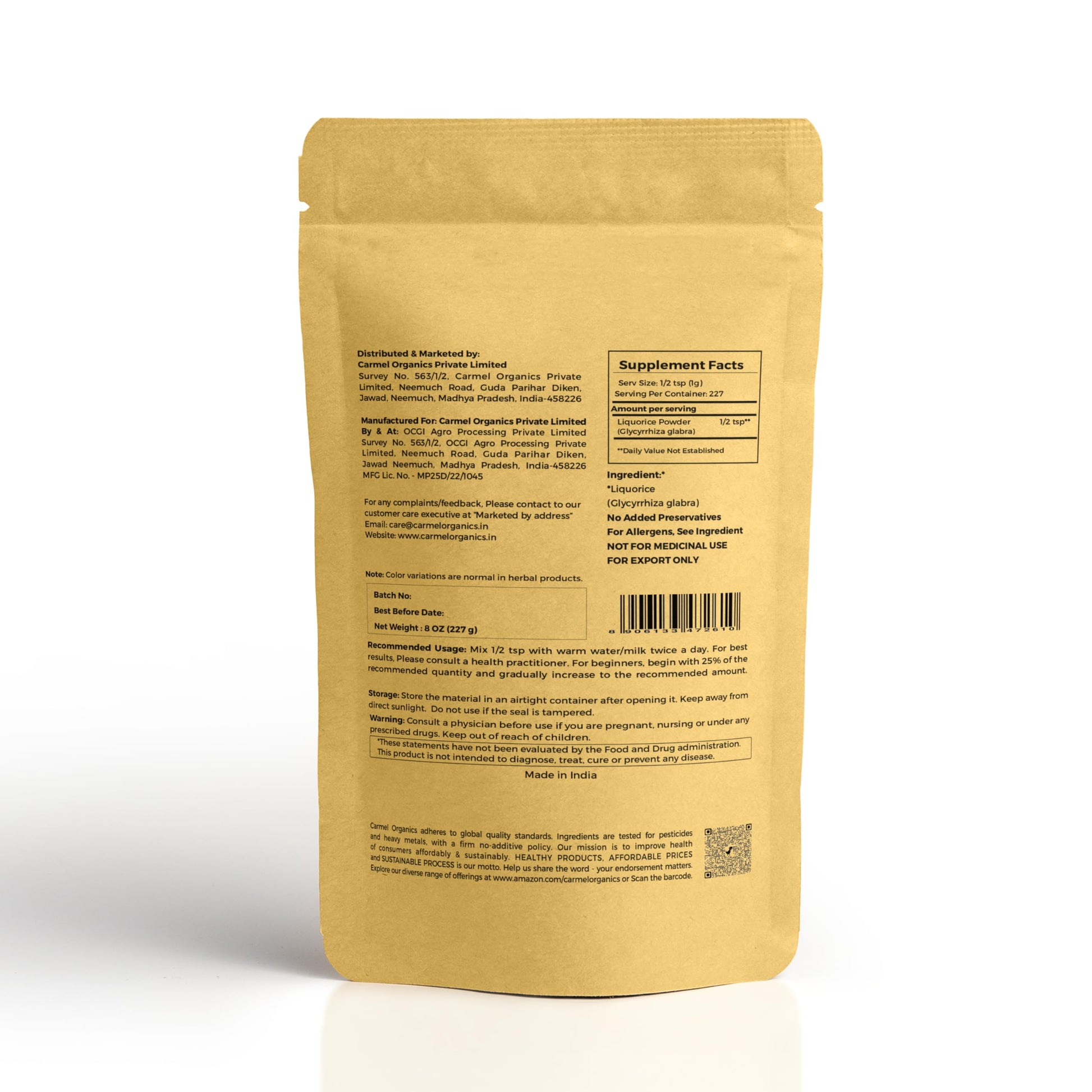 Carmel Organics Mulethi powder packaging detail