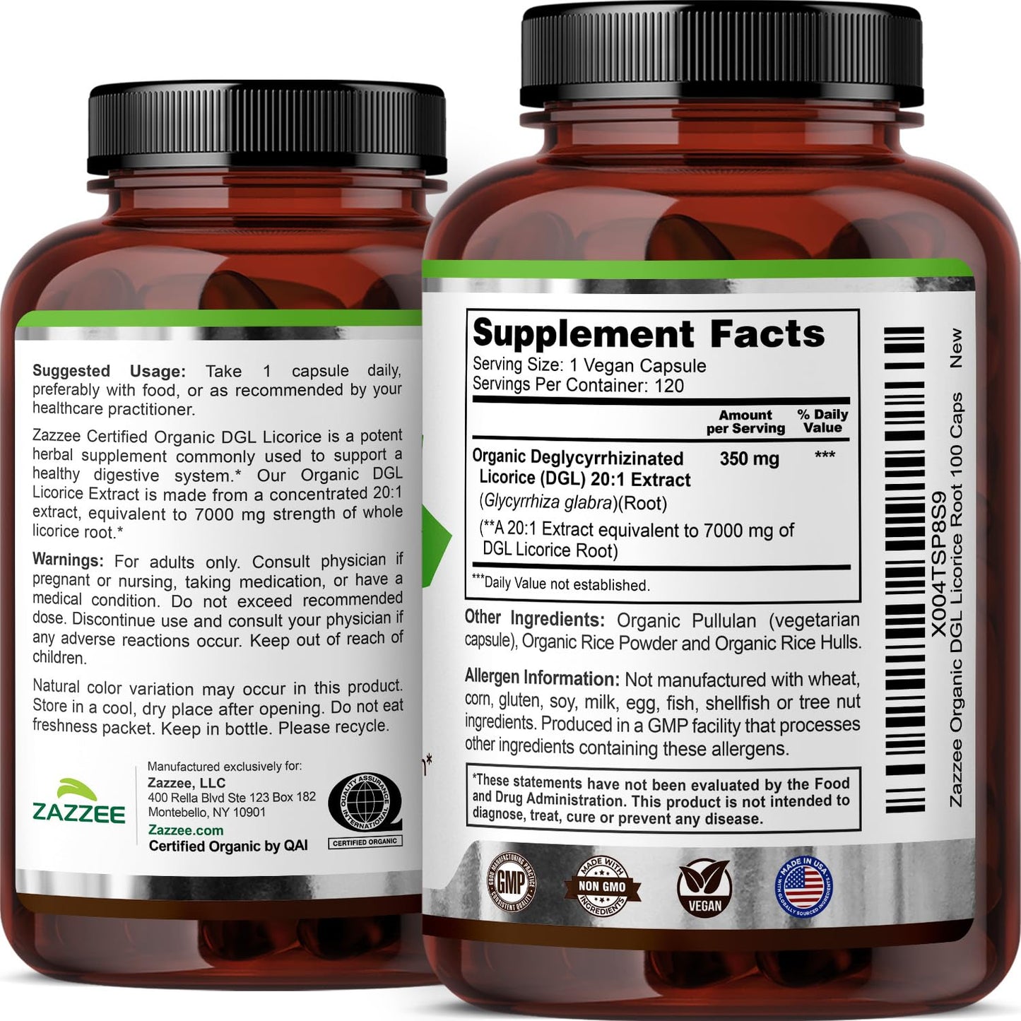 Zazzee Organic DGL Licorice capsules displayed on a clean surface