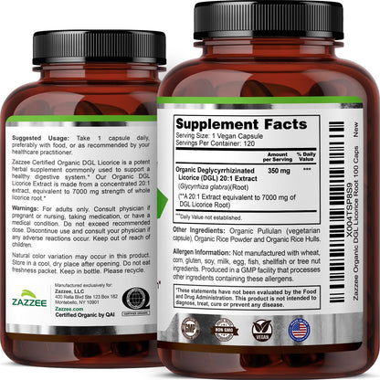Zazzee Organic DGL Licorice capsules displayed on a clean surface