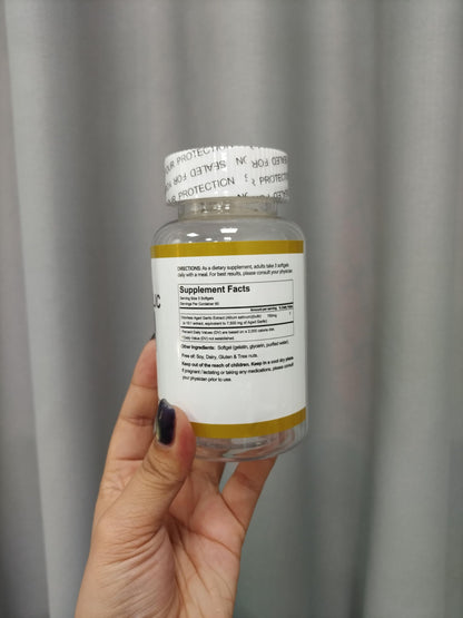 Secure packaging of authentic RTQSU premium aged garlic extract softgels.