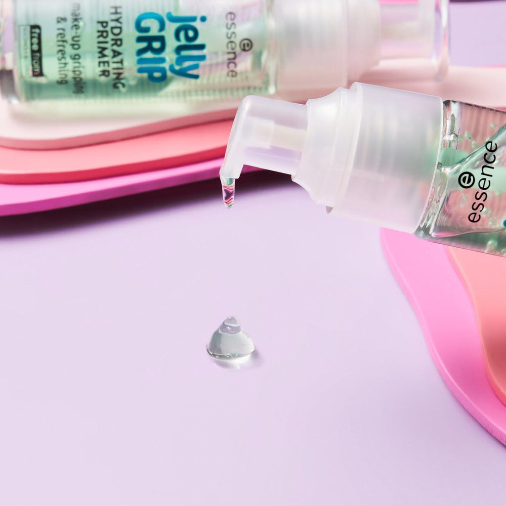 Essence Jelly Grip Hydrating Primer lifestyle flatlay with makeup products