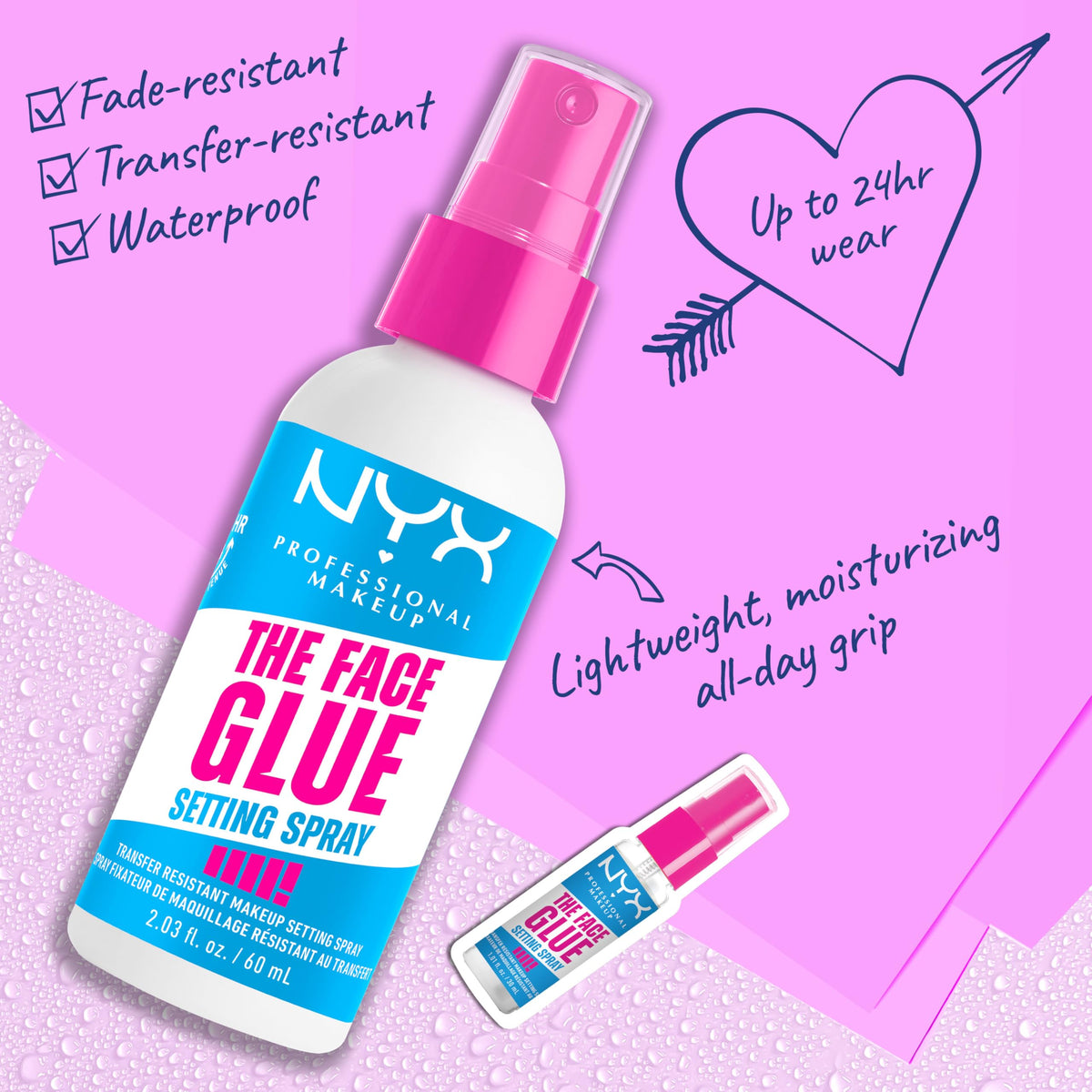 Nyx Professional Makeup The Face Glue Setting Spray side angle showing volume details