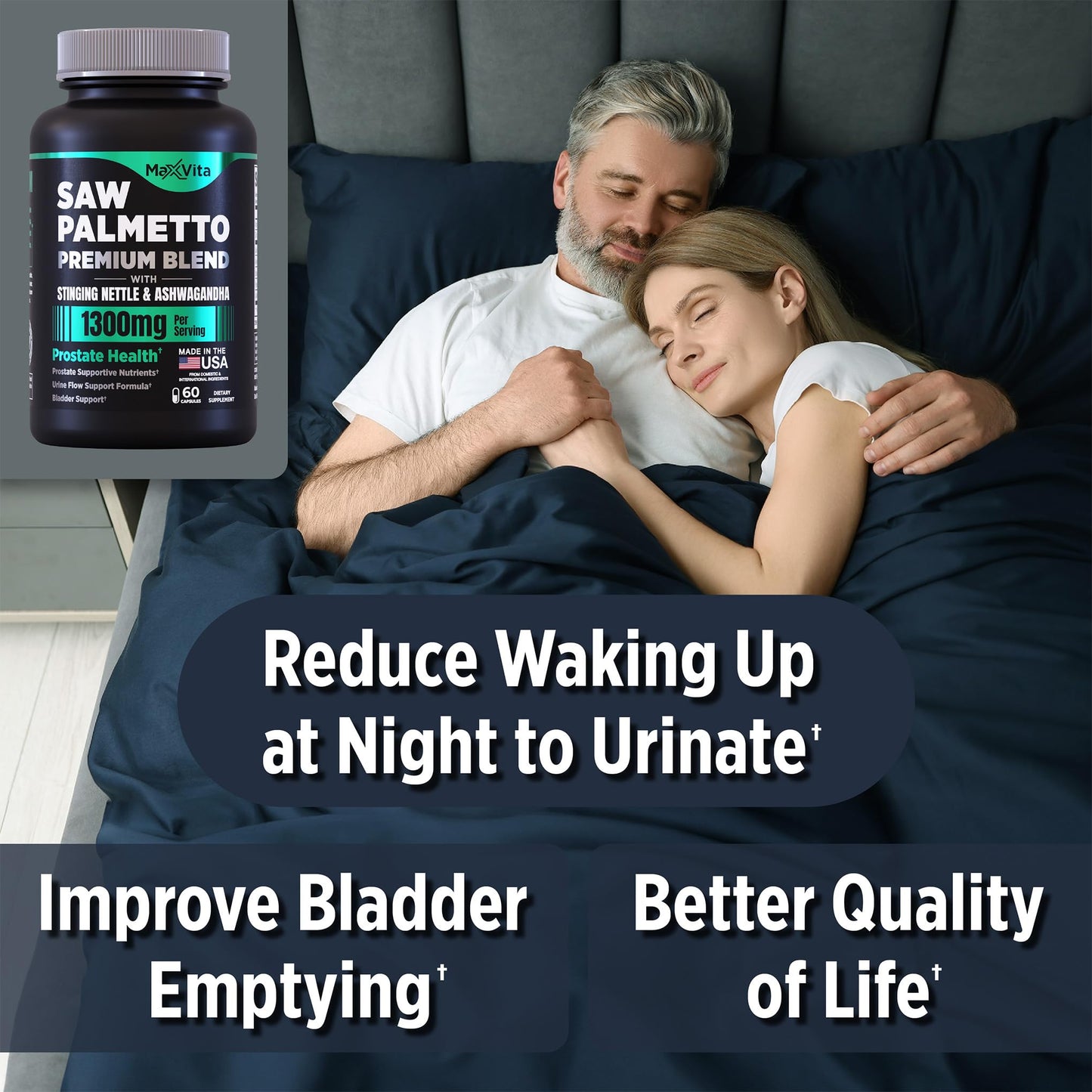 Side view of MaxVita Prostate Premium dietary supplement highlighting the blend of stinging nettle and pumpkin seed powder.