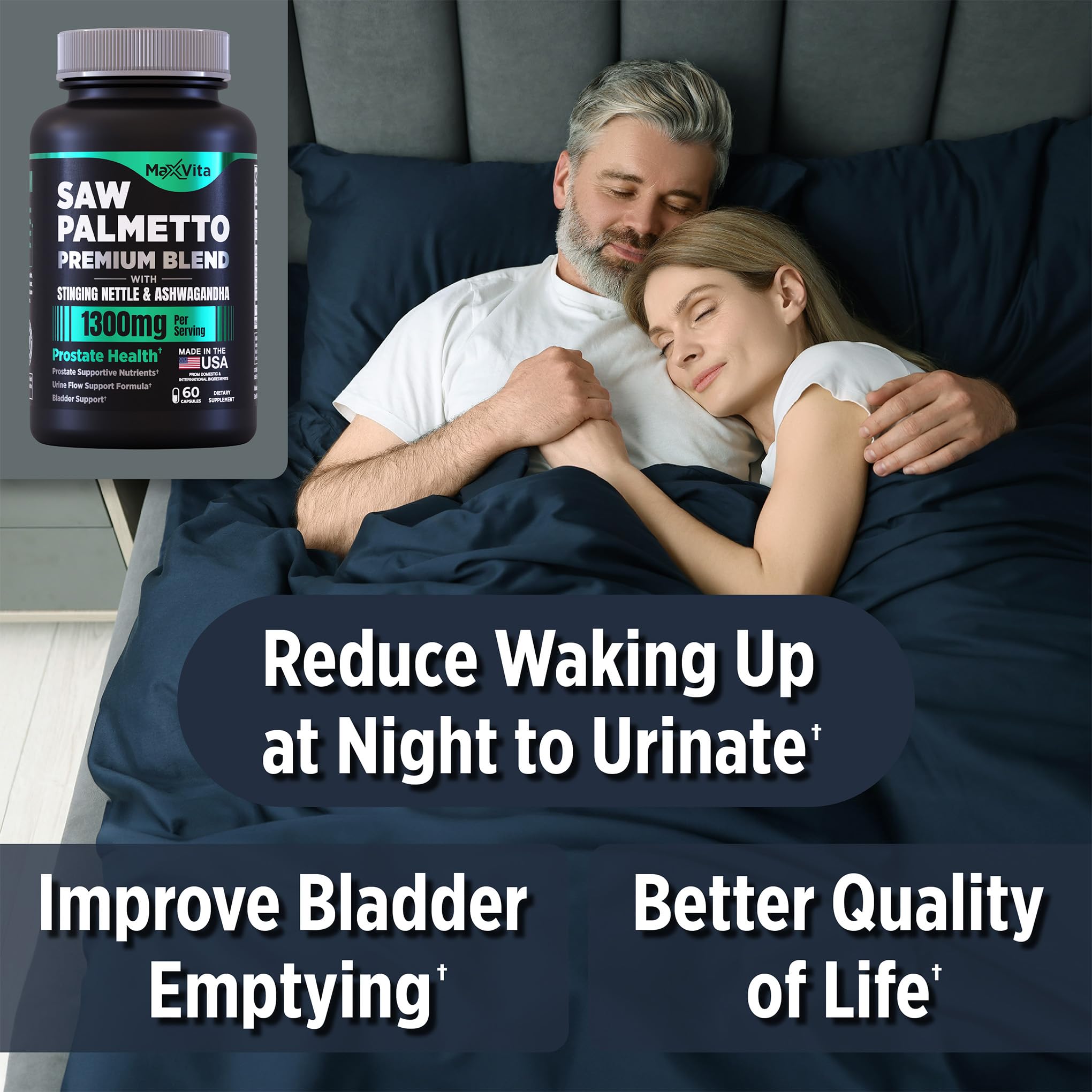 Side view of MaxVita Prostate Premium dietary supplement highlighting the blend of stinging nettle and pumpkin seed powder.