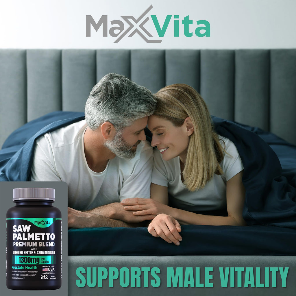 Close up of the authentic USA imported MaxVita prostate care product packaging for male urinary tract support.