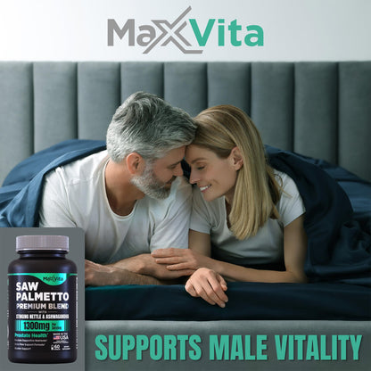 Close up of the authentic USA imported MaxVita prostate care product packaging for male urinary tract support.