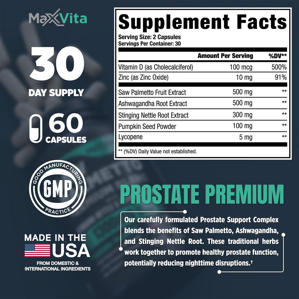 Supplement facts panel on the MaxVita Prostate Premium bottle detailing daily serving size and product manufacturing details.