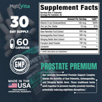 Supplement facts panel on the MaxVita Prostate Premium bottle detailing daily serving size and product manufacturing details.