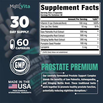 Supplement facts panel on the MaxVita Prostate Premium bottle detailing daily serving size and product manufacturing details.