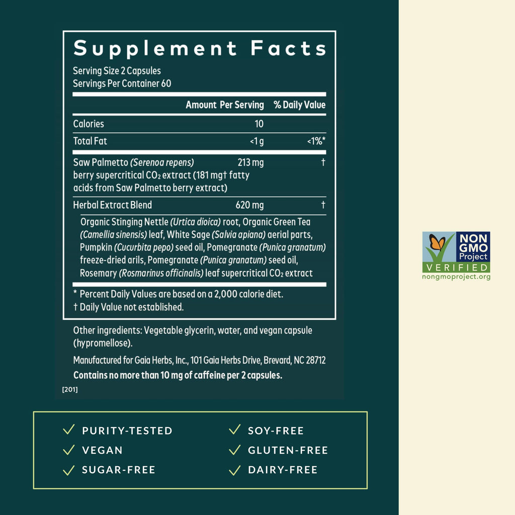 Gaia Herbs saw palmetto capsules for men urinary health side panel