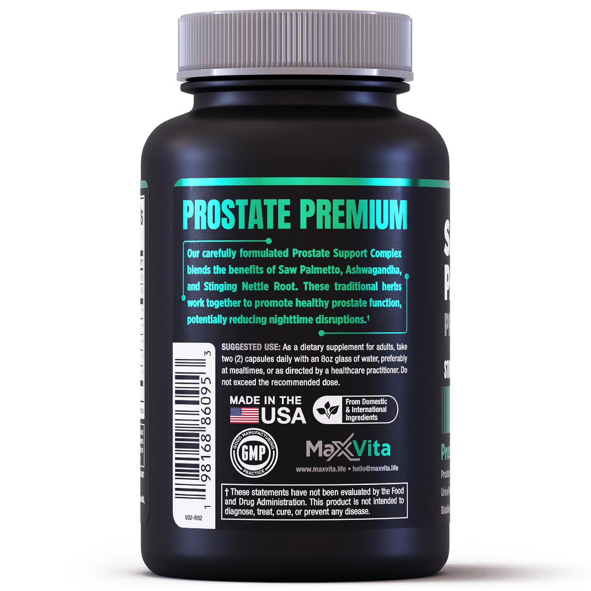 A secure container of MaxVita Prostate Premium dietary supplement capsules highlighting prostate support and nighttime relief.