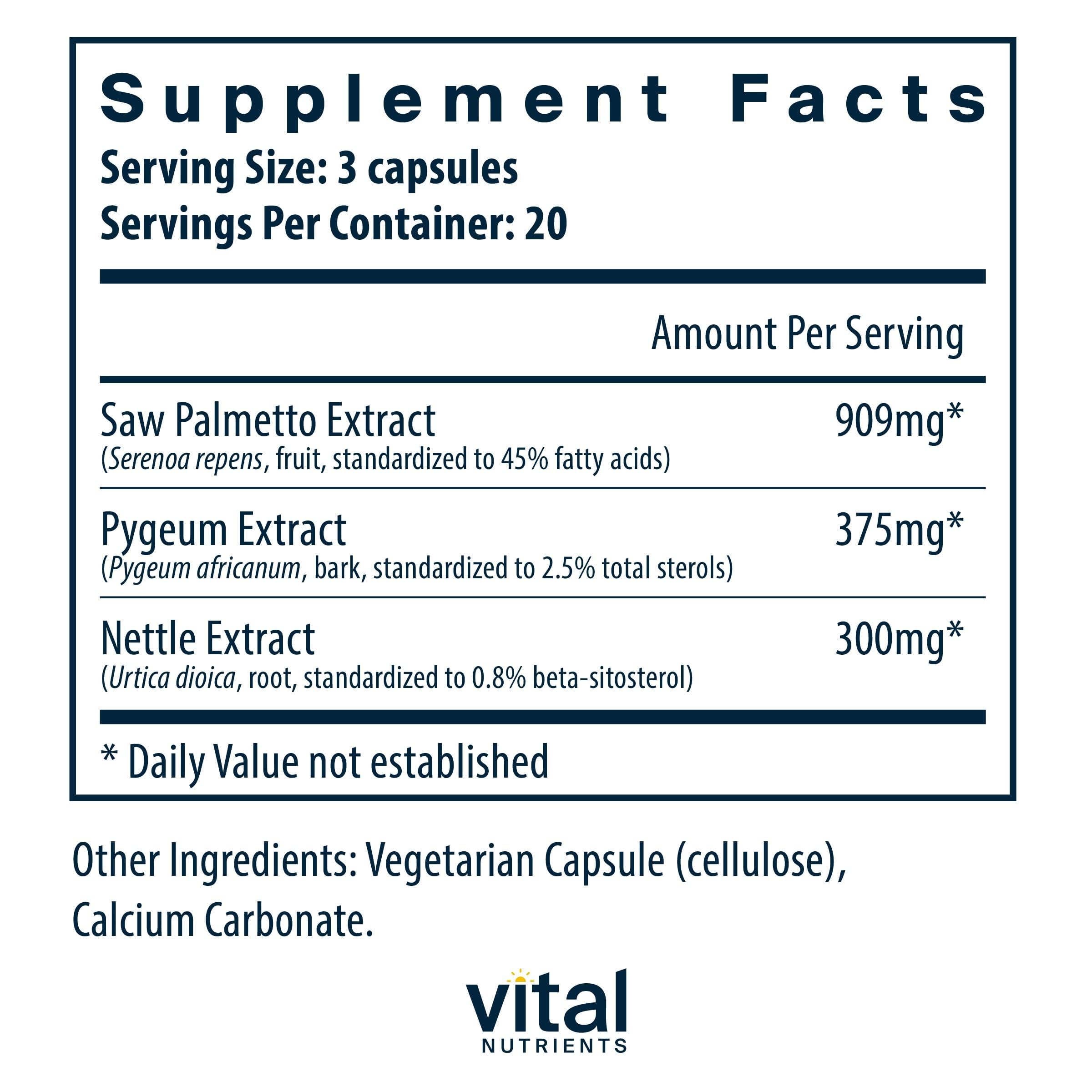 Vital Nutrients prostate support herbal supplement showing supplement facts label and botanical ingredients.
