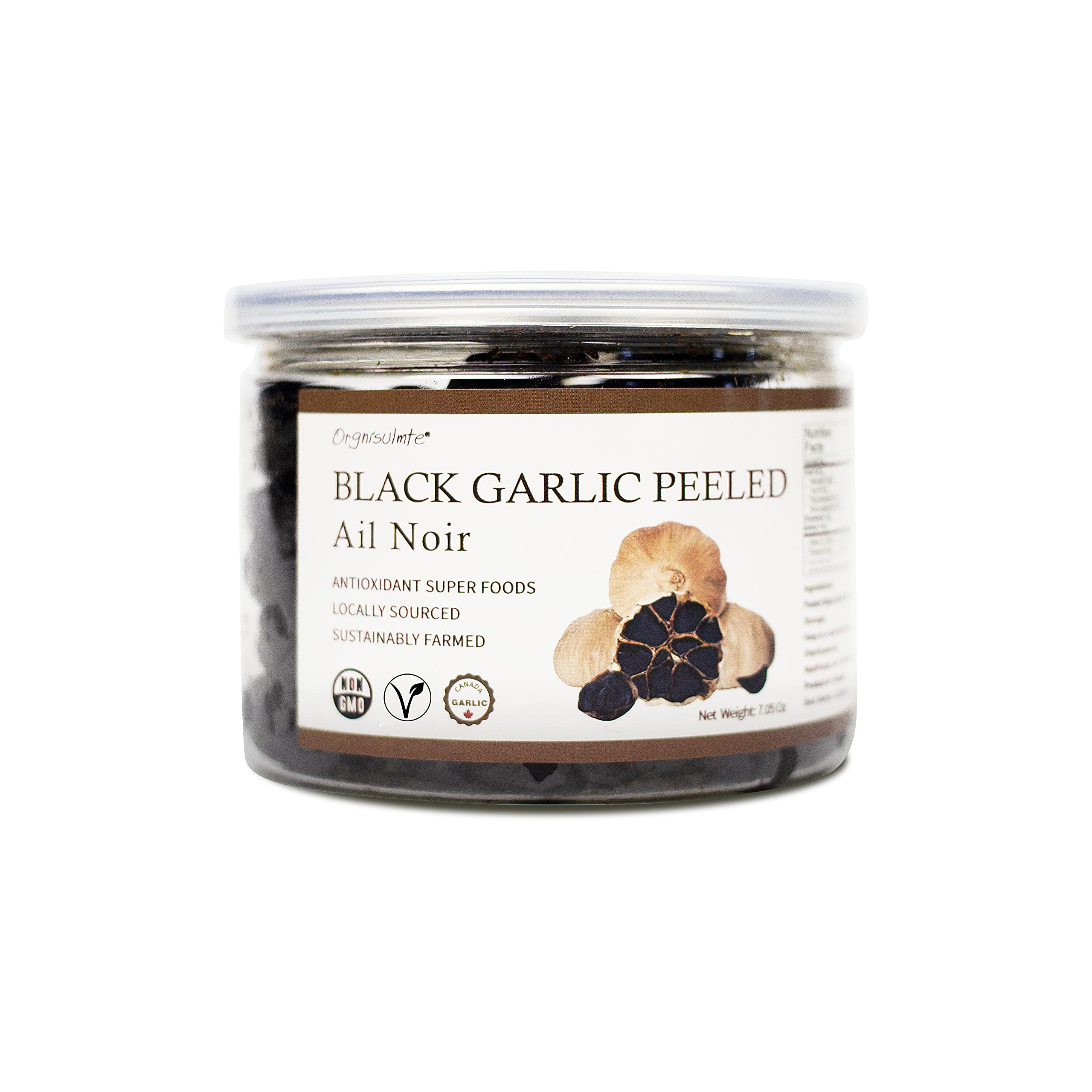 Orgnisulmte 90 day fermented black garlic jar with non GMO superfood label