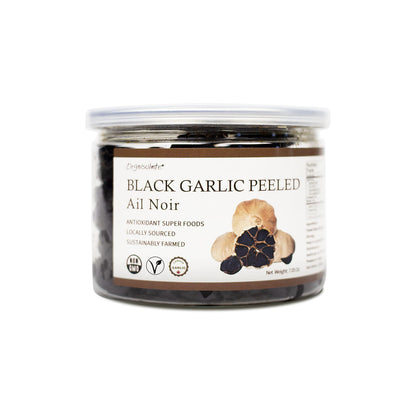 Orgnisulmte 90 day fermented black garlic jar with non GMO superfood label