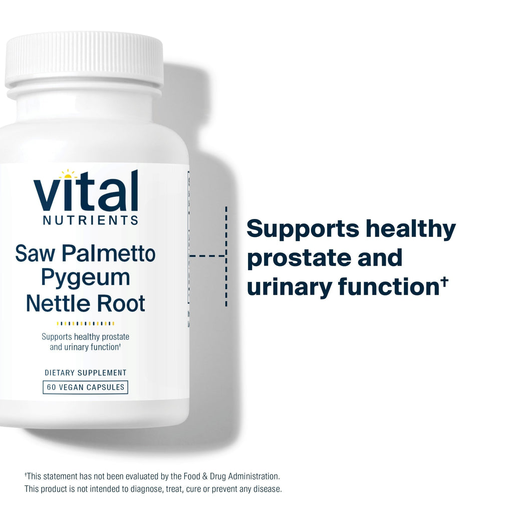Authentic USA imported Vital Nutrients Saw Palmetto Pygeum bottle showcasing hypoallergenic vegan certification.