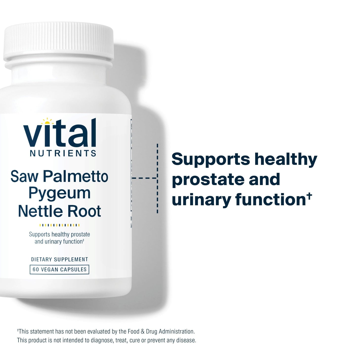 Authentic USA imported Vital Nutrients Saw Palmetto Pygeum bottle showcasing hypoallergenic vegan certification.