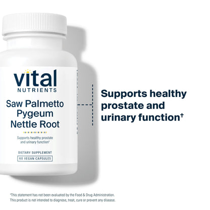 Authentic USA imported Vital Nutrients Saw Palmetto Pygeum bottle showcasing hypoallergenic vegan certification.