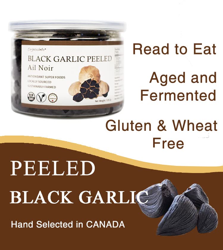 Orgnisulmte premium peeled black garlic cloves showing the soft date like texture