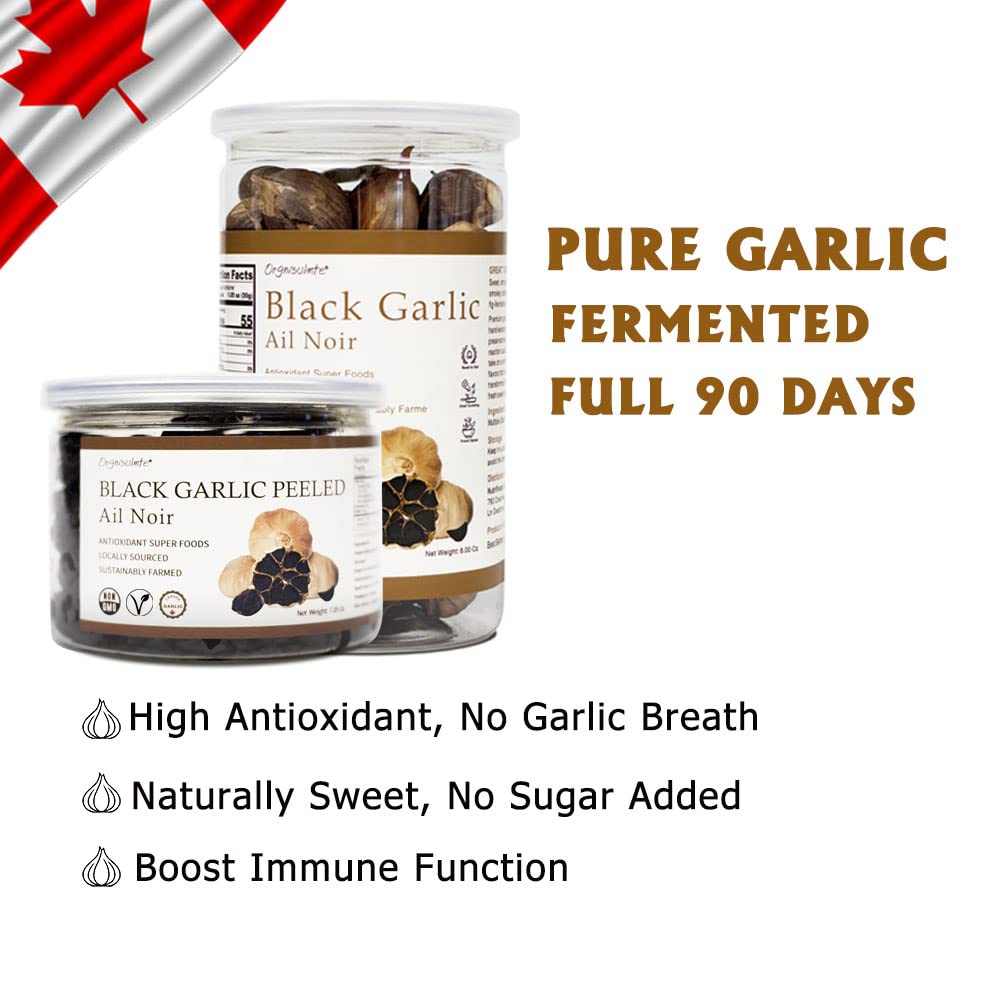 Orgnisulmte 7.05 ounce black garlic nutritional snack jar packaging details
