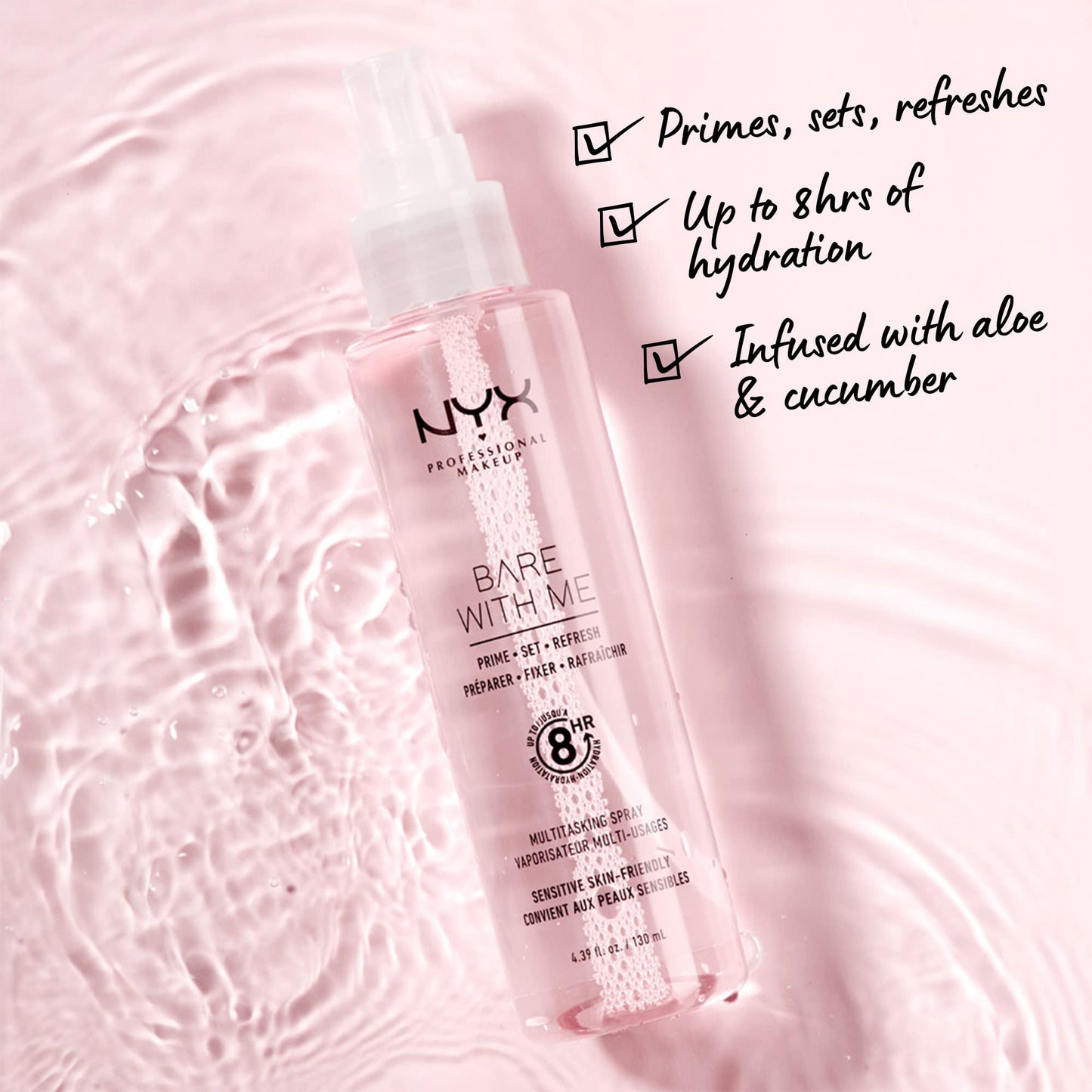 Nyx Bare With Me spray being applied as a makeup primer