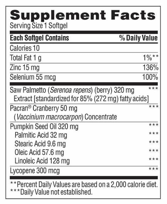TruNature Saw Palmetto dietary supplement packaging showing supplement facts and ingredient profile.