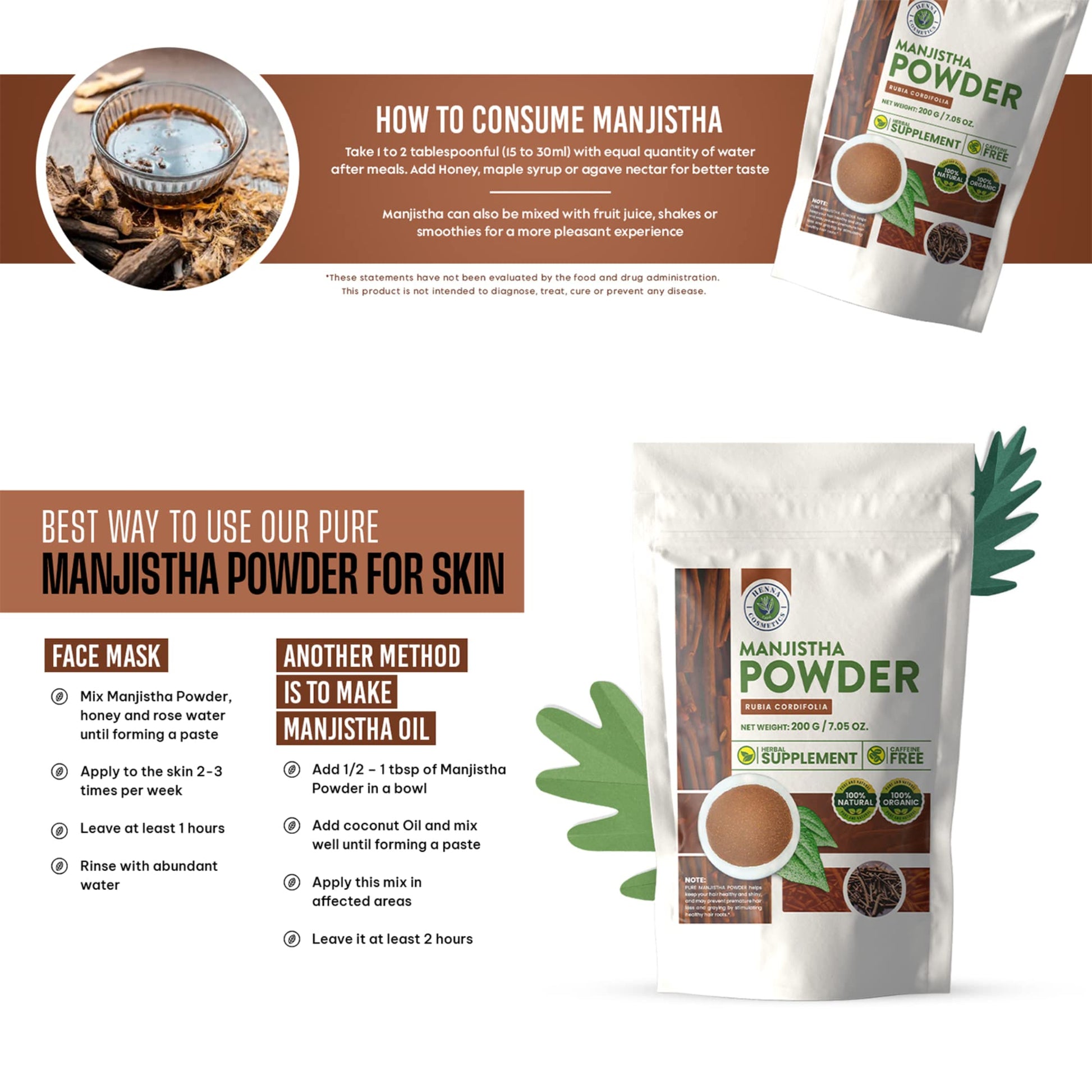 Back label of Henna Cosmetics Indian Madder herbal supplement