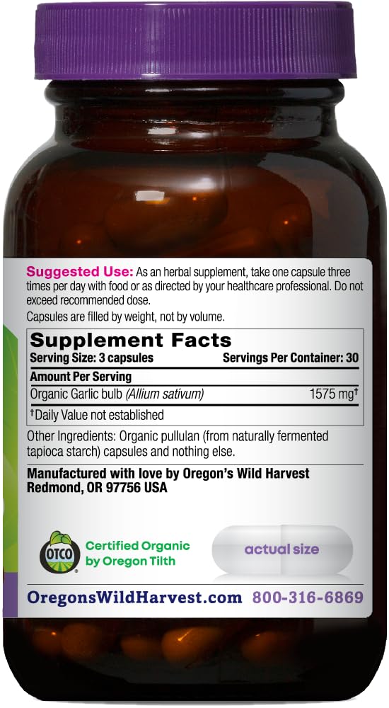 Organic heart health garlic supplements by Oregons Wild Harvest bottle angle shot