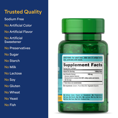 Puritan's Pride standardized saw palmetto 160mg dosage instructions side panel