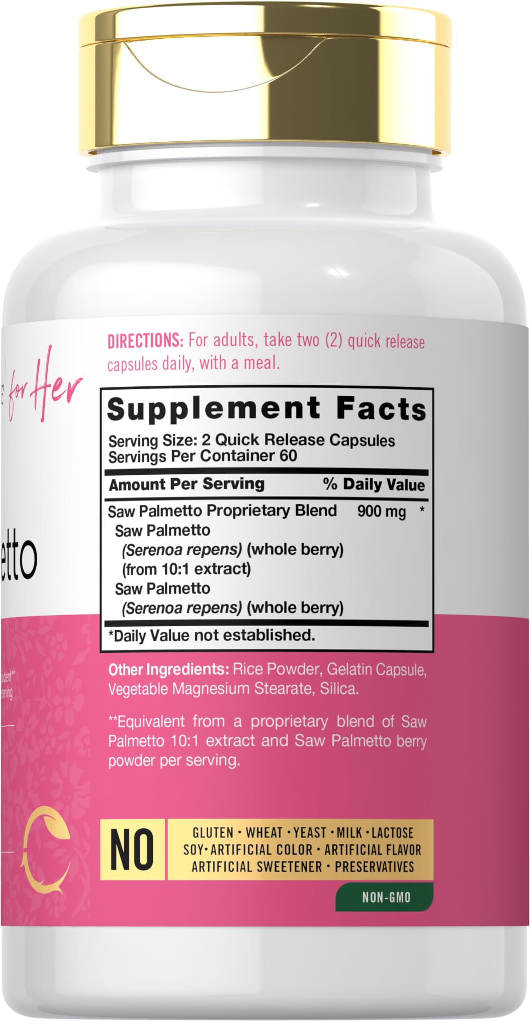 Carlyle Saw Palmetto 120 capsules label displaying full spectrum complex facts and non-GMO certification