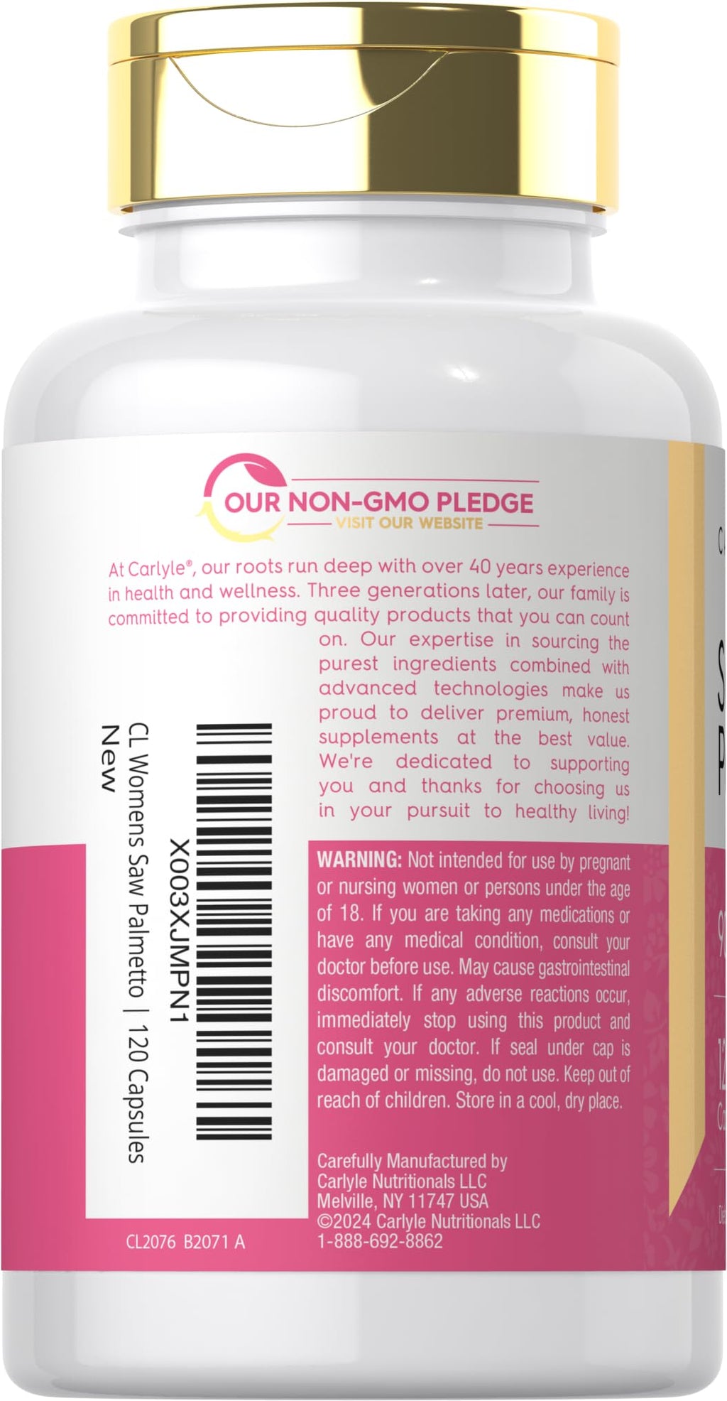 Side angle of Carlyle hormone balance supplement for women demonstrating secure tamper-evident safety seal