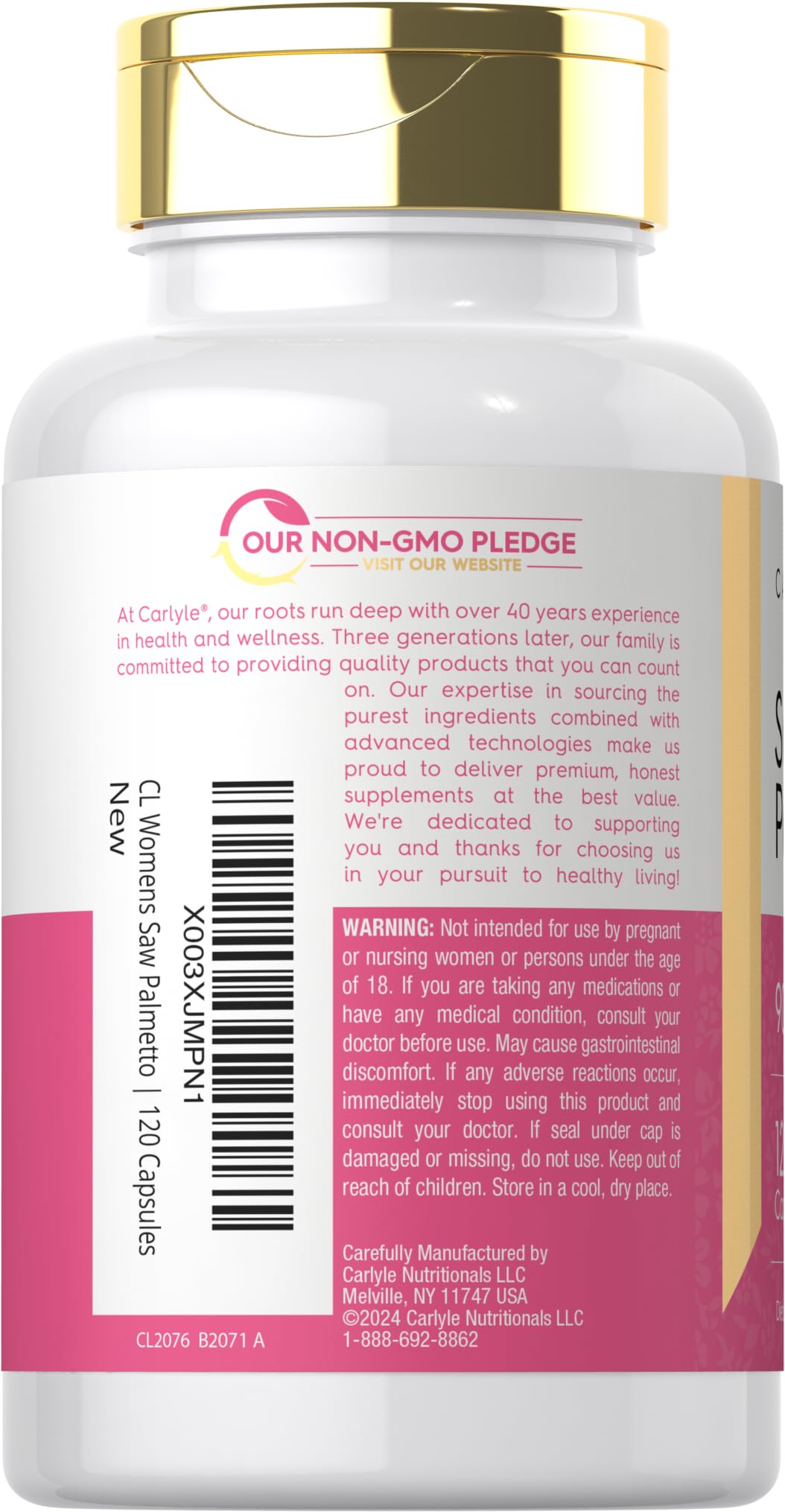 Side angle of Carlyle hormone balance supplement for women demonstrating secure tamper-evident safety seal