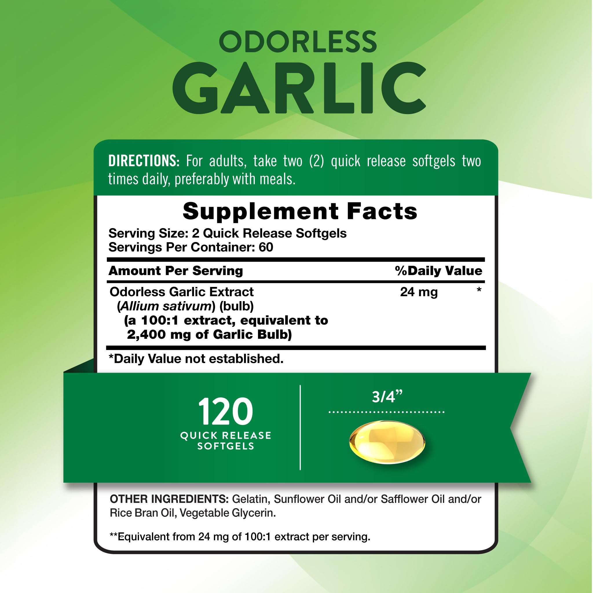 Nature's Truth concentrated garlic extract quick release softgels label showing supplement facts
