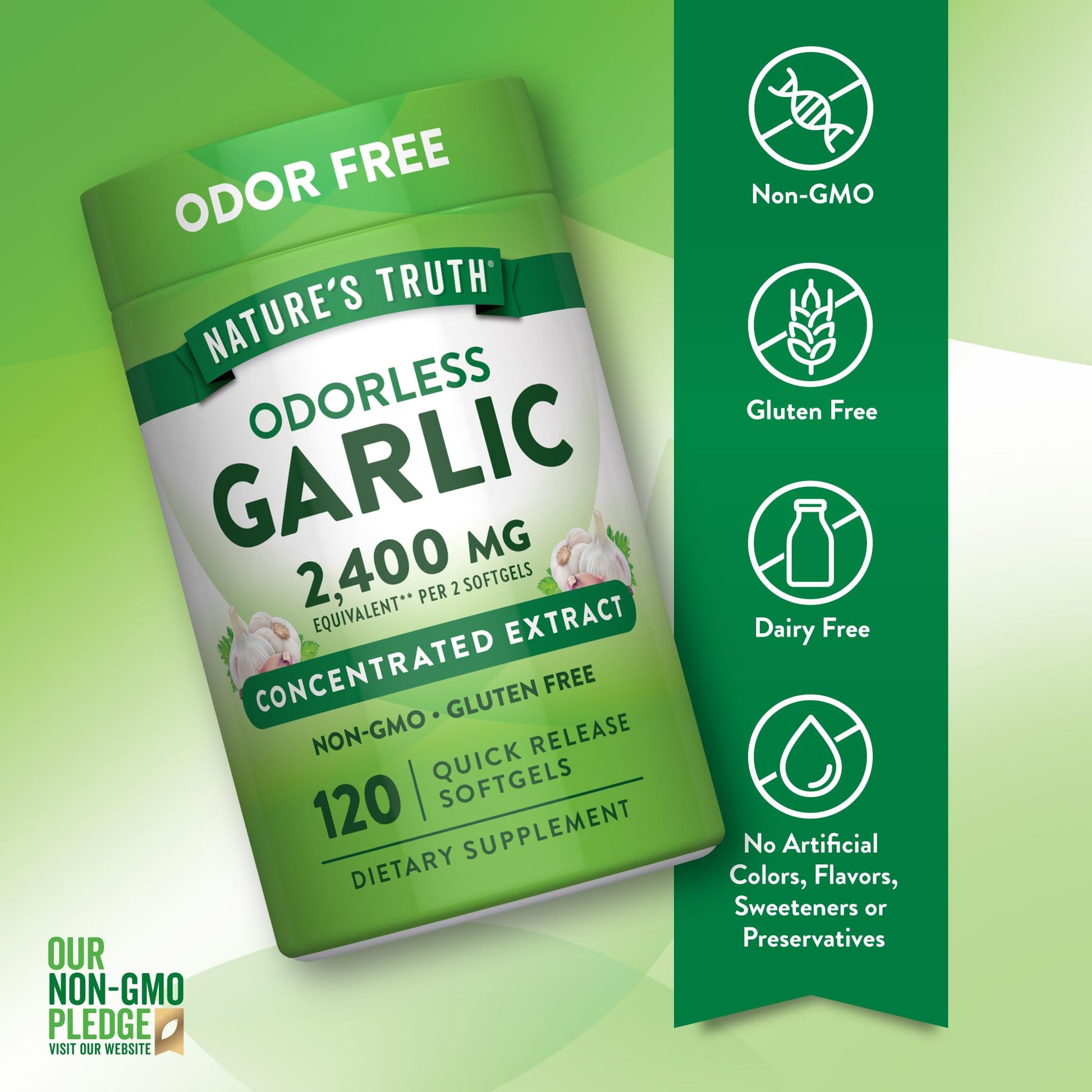 High strength 2400 mg equivalent odorless garlic capsules for heart health and circulation