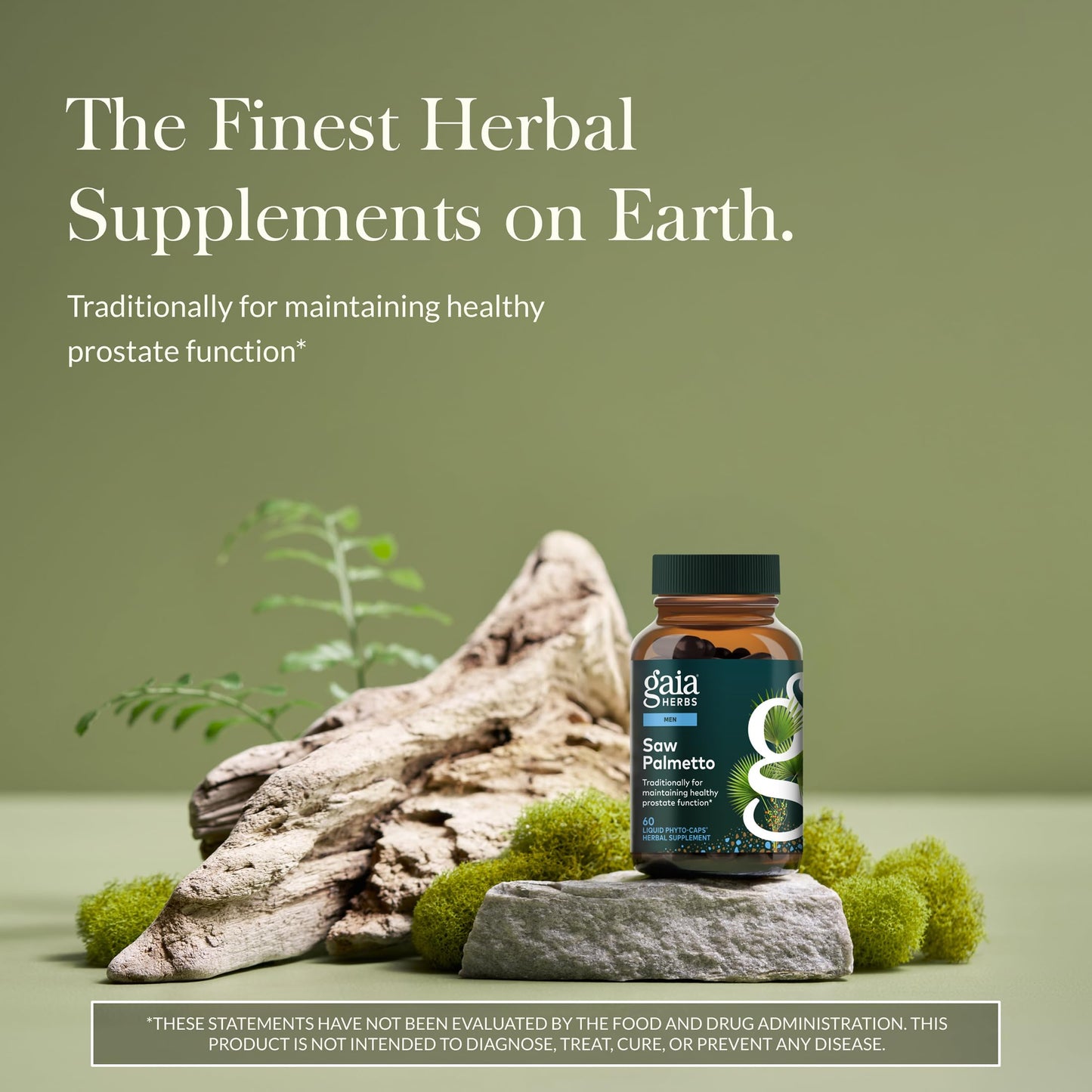 Side label of Gaia Herbs Saw Palmetto displaying dosage instructions and supplement facts.