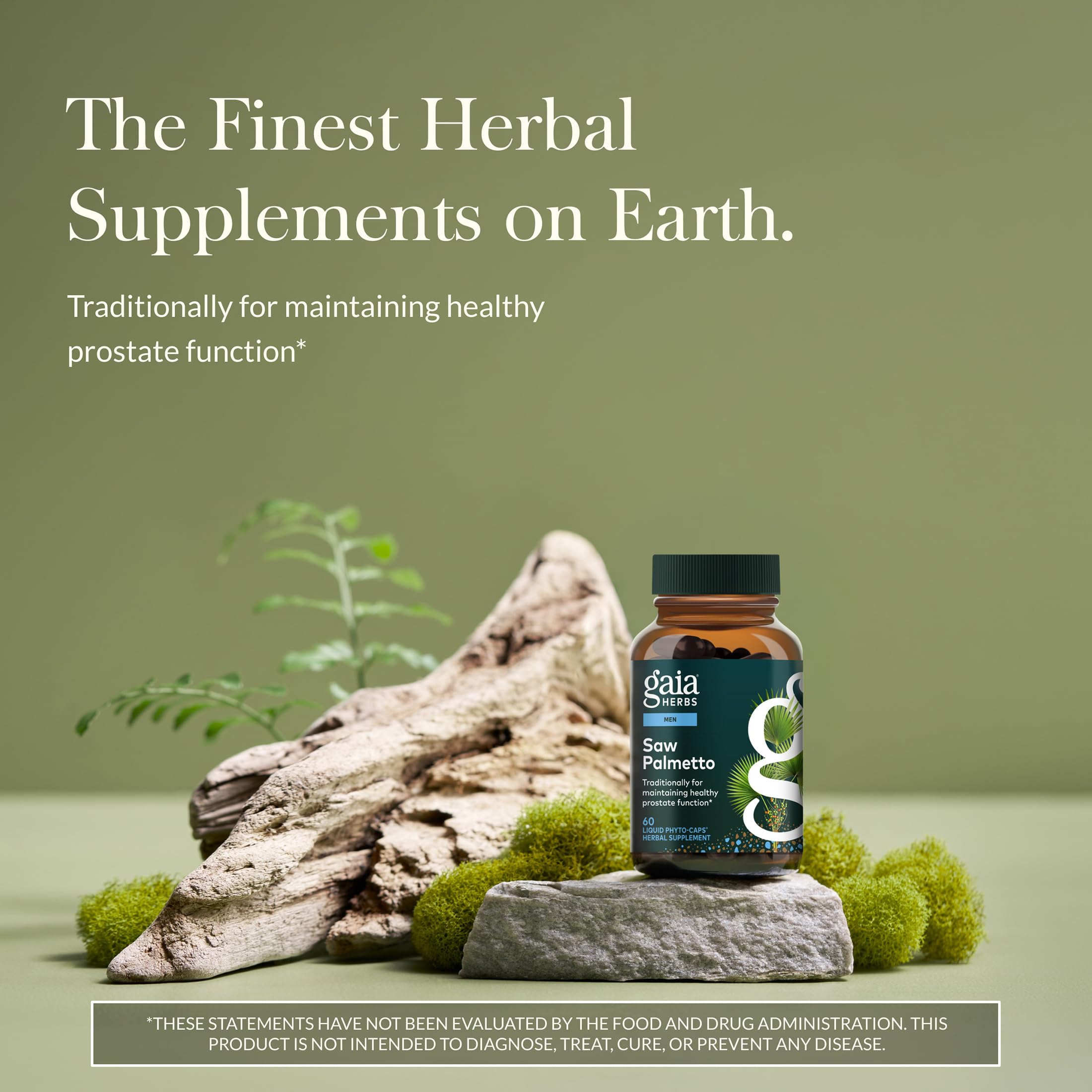 Side label of Gaia Herbs Saw Palmetto displaying dosage instructions and supplement facts.