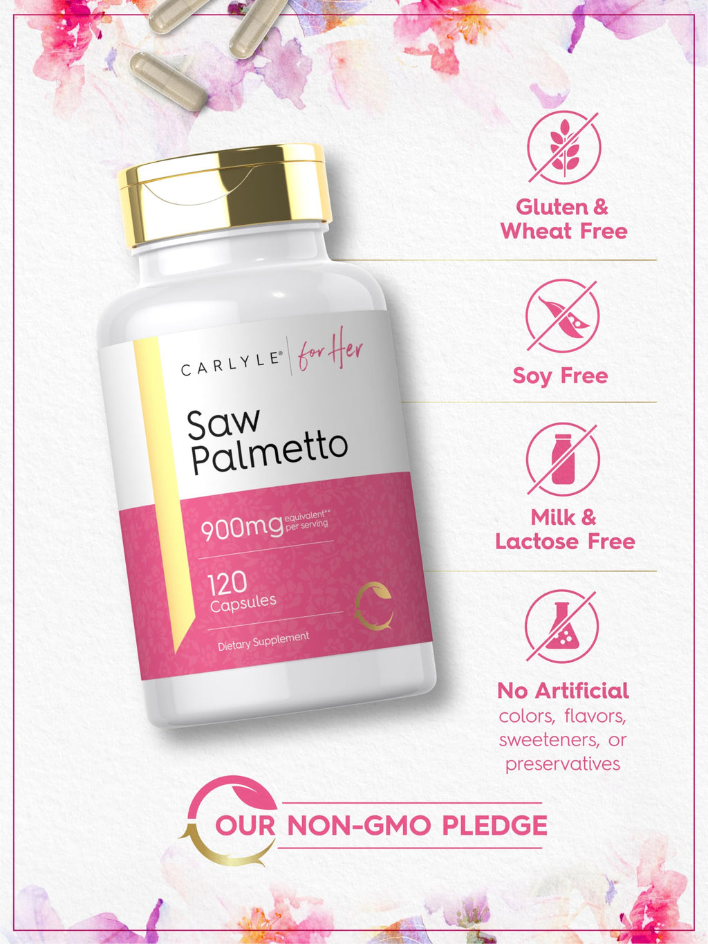 Quick-release capsules from Carlyle displayed next to the bottle highlighting gluten-free dietary information