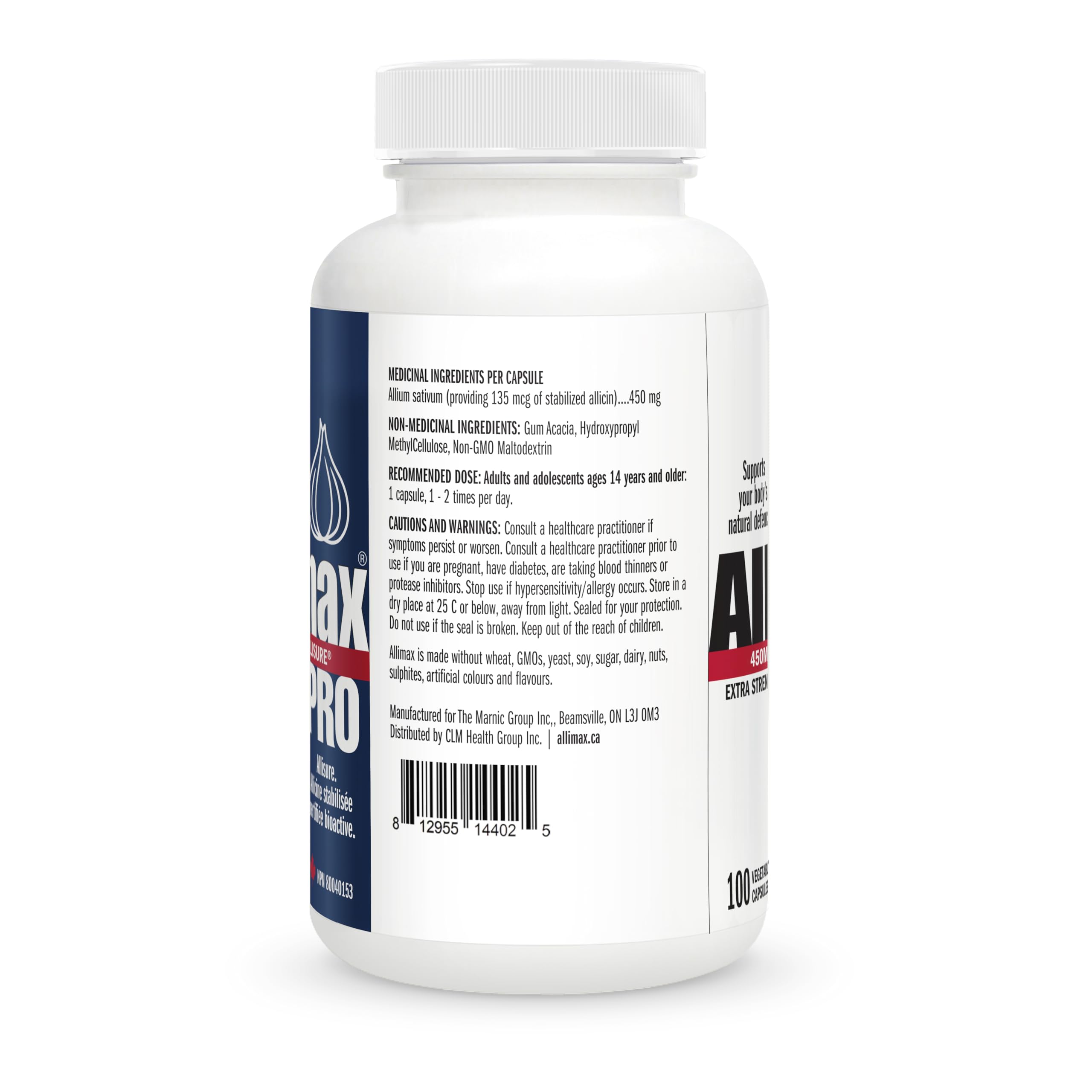 Allimax Pro 450mg Allicin 100 vegetarian capsules supplement facts and ingredient label.