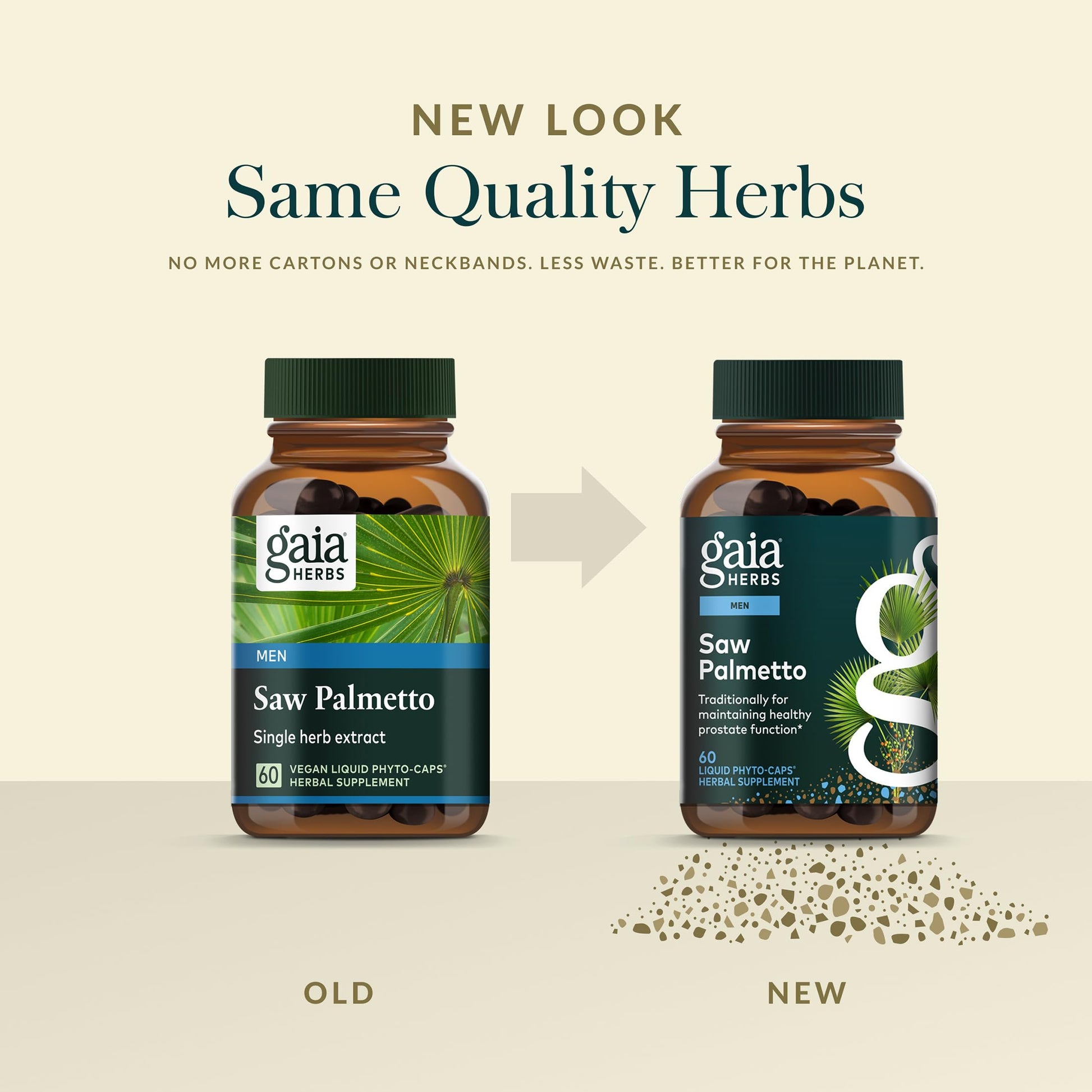 Authentic imported Gaia Herbs saw palmetto bottle standing upright on a clean surface.