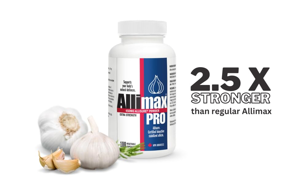 Allimax Pro 450mg bottle showcasing the authentic Spanish grown garlic source text.