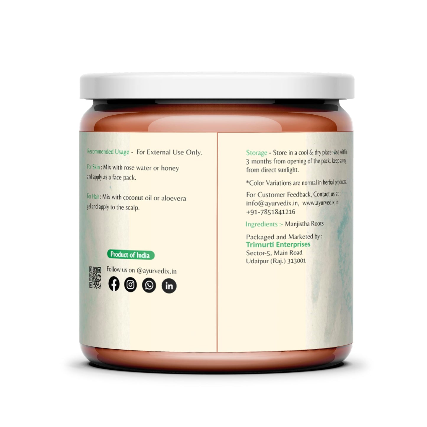 Organic Rubia Cordifolia root powder in jar packaging