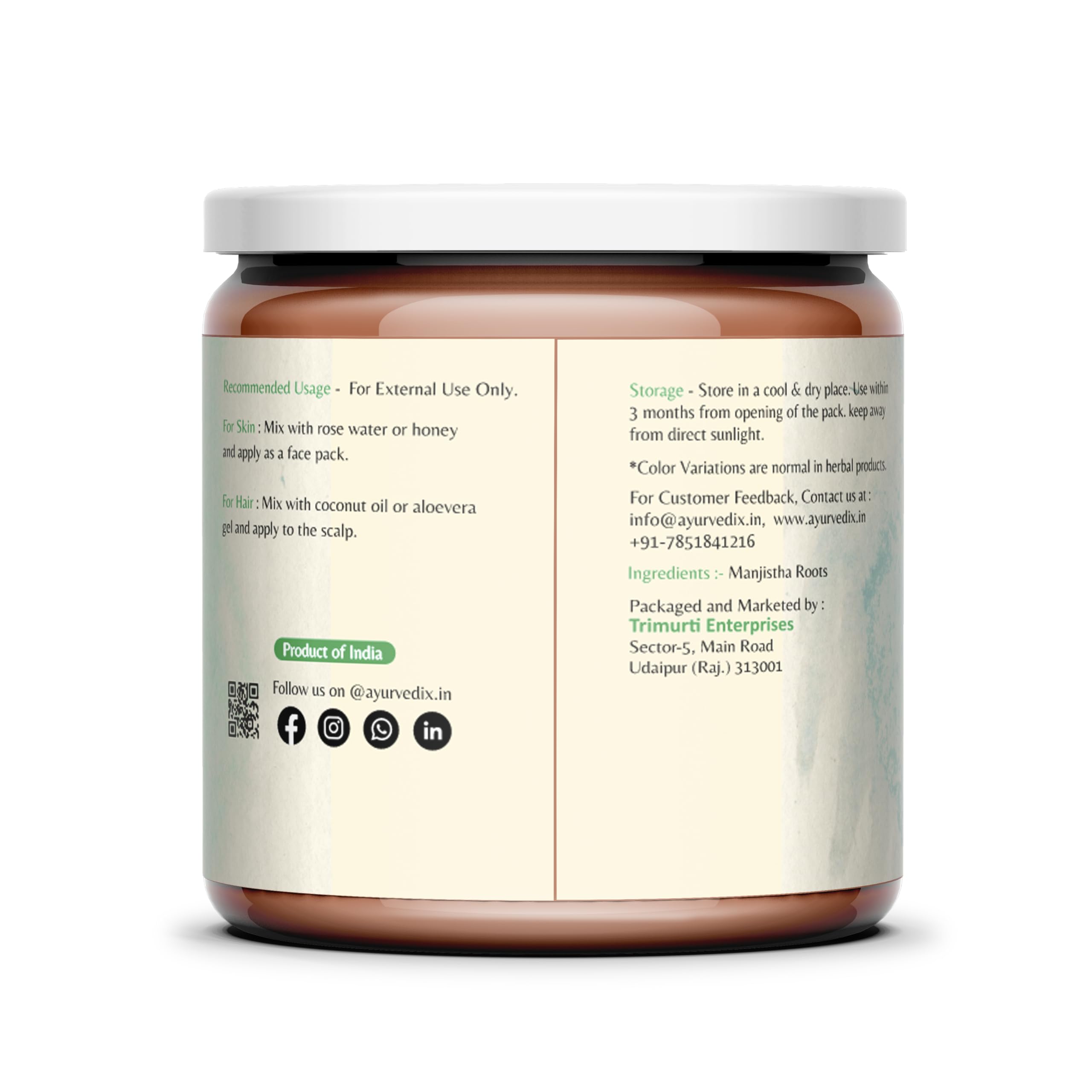 Organic Rubia Cordifolia root powder in jar packaging
