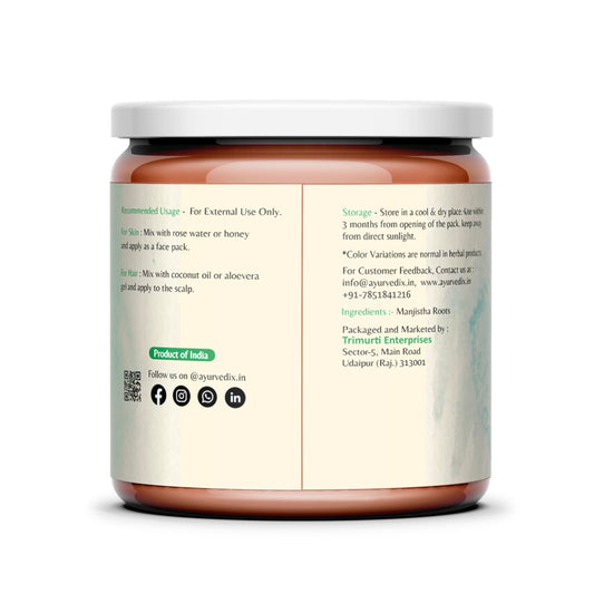 Organic Rubia Cordifolia root powder in jar packaging